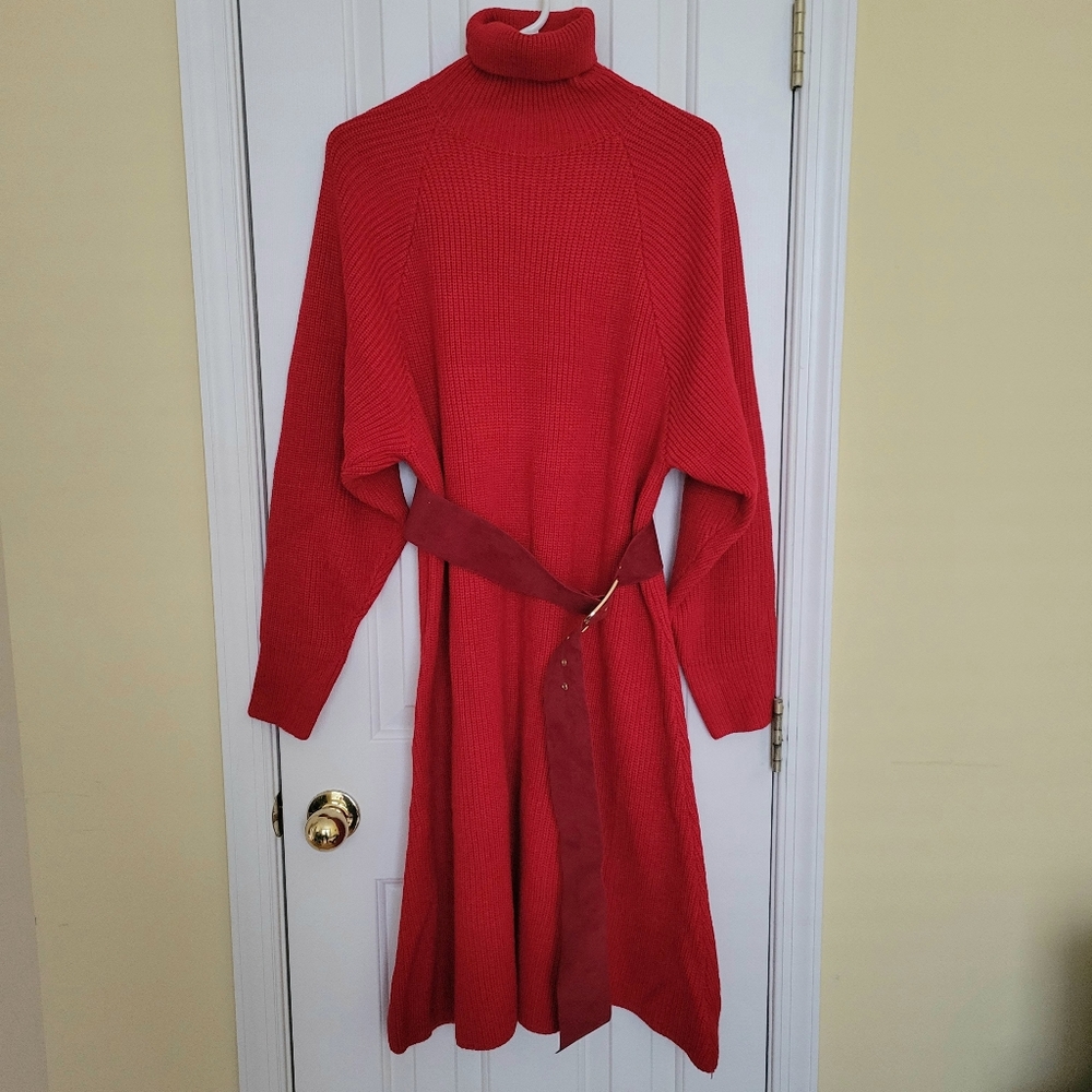 Women's Red Heavy Knit Turtle Neck Midi Sweater Dress Belt Raglan Dolman Sleeve